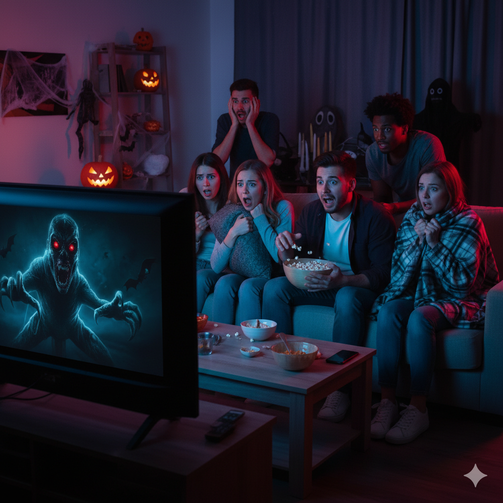 Horror movie night setup with spooky decorations, popcorn, and scary movies for the perfect Halloween atmosphere