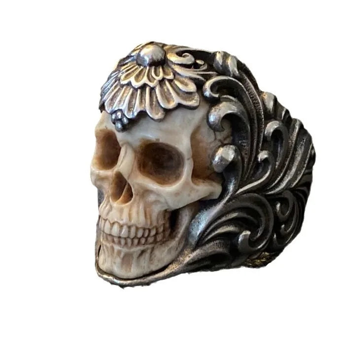 Vintage Silver Skull Ring - Gothic Skeleton Antler Design for Men