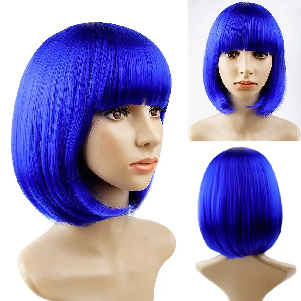 Royal Blue Bob Wig with Bangs - 12 Inch Synthetic Hair for Women