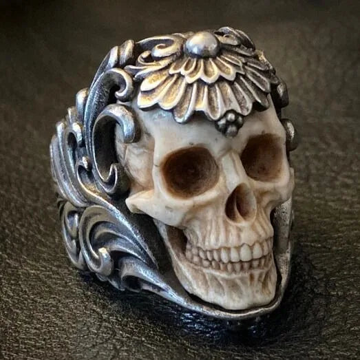Vintage Silver Skull Ring - Gothic Skeleton Antler Design for Men