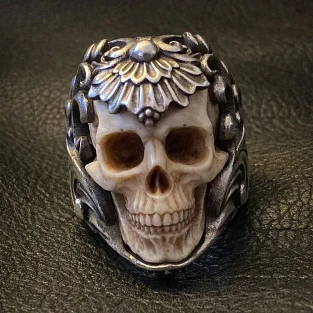 Vintage Silver Skull Ring - Gothic Skeleton Antler Design for Men