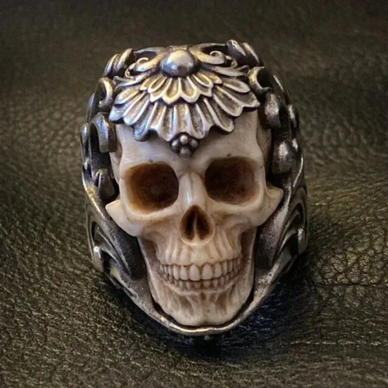 Vintage Silver Skull Ring - Gothic Skeleton Antler Design for Men