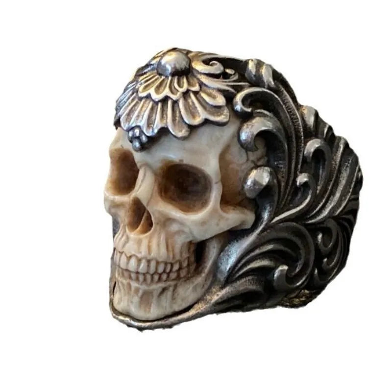 Vintage Silver Skull Ring - Gothic Skeleton Antler Design for Men