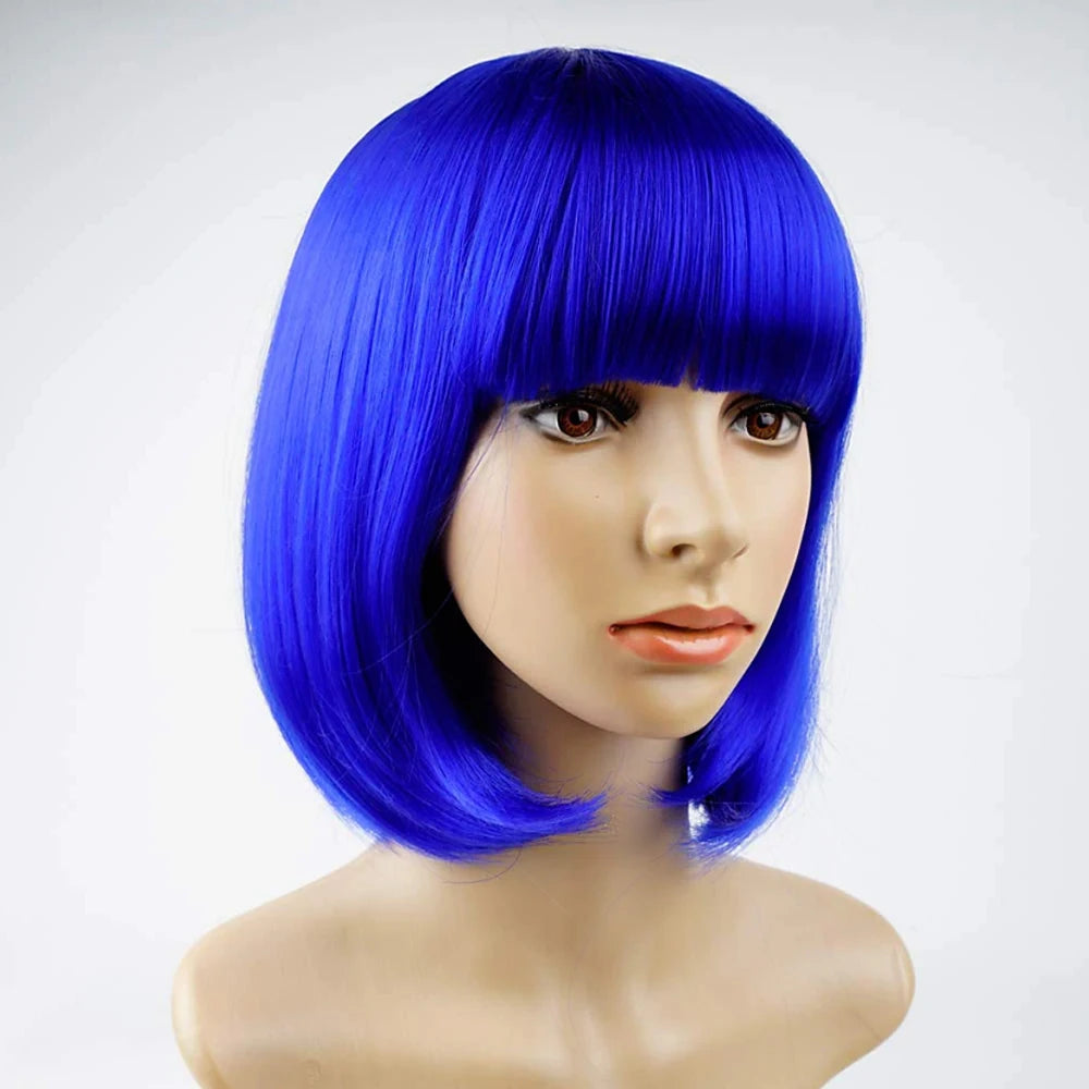 Royal Blue Bob Wig with Bangs - 12 Inch Synthetic Hair for Women