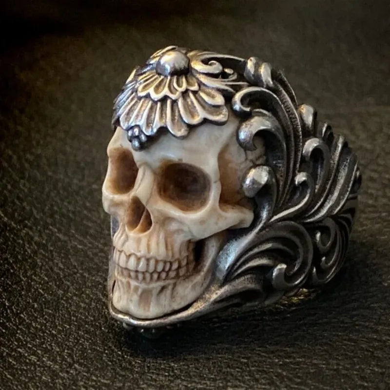 Vintage Silver Skull Ring - Gothic Skeleton Antler Design for Men