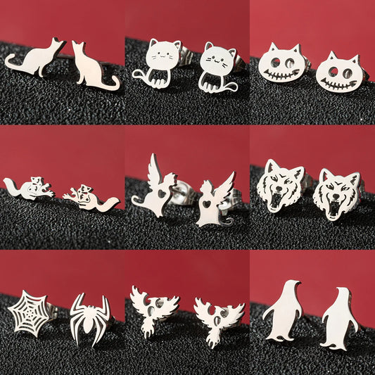 Gothic Spider Web Earrings - Asymmetric Wolf Head Punk Surgical Steel