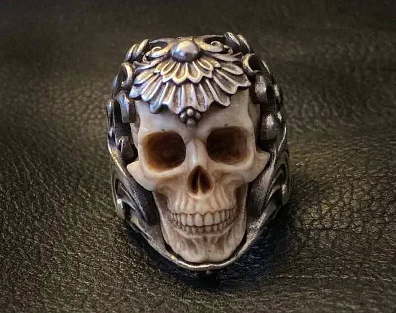 Vintage Silver Skull Ring - Gothic Skeleton Antler Design for Men
