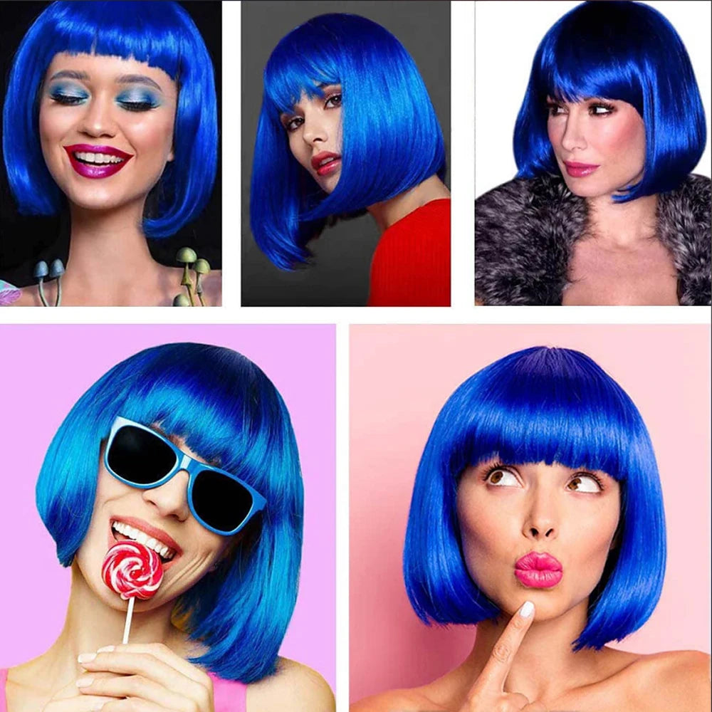 Royal Blue Bob Wig with Bangs - 12 Inch Synthetic Hair for Women
