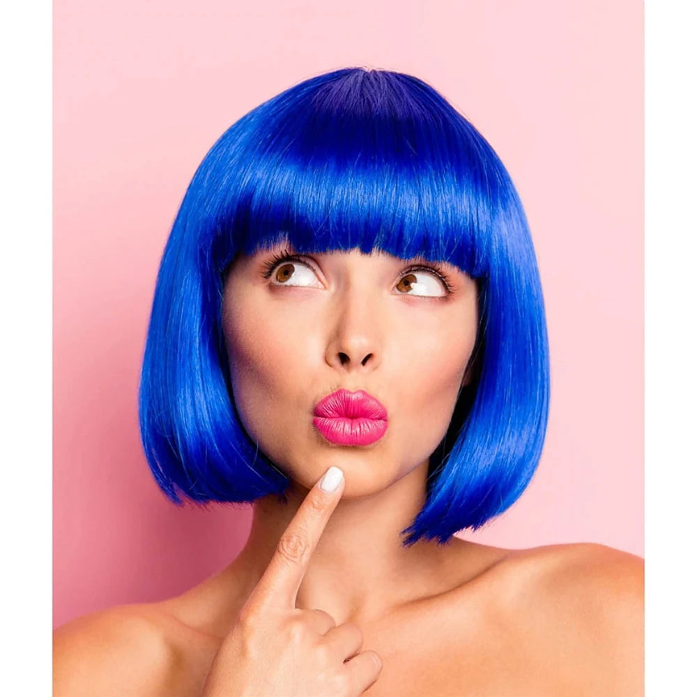 Royal Blue Bob Wig with Bangs - 12 Inch Synthetic Hair for Women