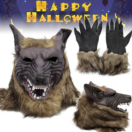 Halloween Wolf Gloves & Mask Set - Plush Horror Costume Props