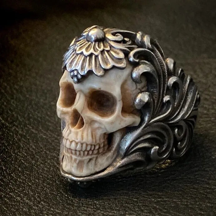 Vintage Silver Skull Ring - Gothic Skeleton Antler Design for Men