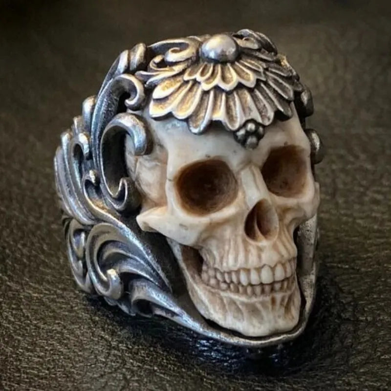 Vintage Silver Skull Ring - Gothic Skeleton Antler Design for Men
